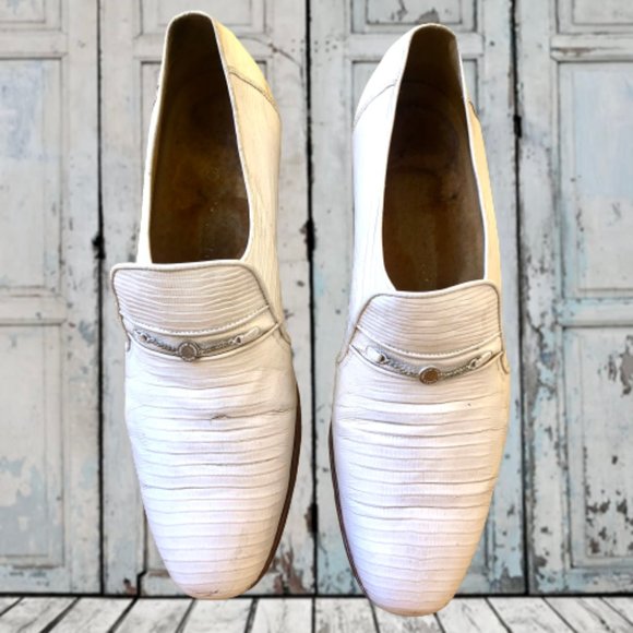 Vintage 80\'s Mens Dress Loafer White Leather Snake Print Queen French 10.5 FLAW main image 9